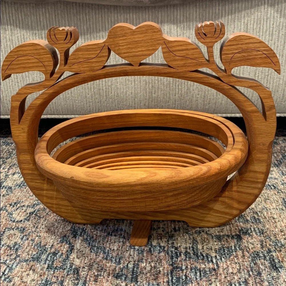 Vintage Hand carved Wooden Folding Basket with Floral Design